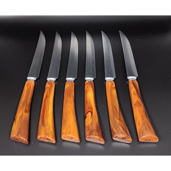 Burns Mfg Co Syracuse NY Bakelite Handle Serrated Steak Knives Cutlery Set 6 MCM - Picture 2 of 5